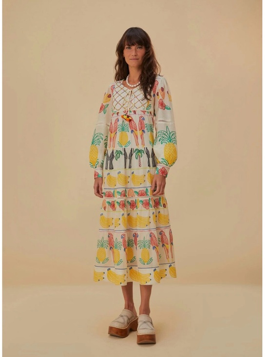 FARM Rio Dresses & Skirts - White Maxi Dress with Tropical Fruit & Parrot Print